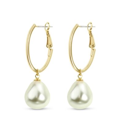 Yellow Gold Oval Hoop Baroque Pearl Earring
