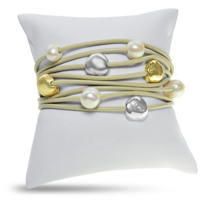 Beige Cord Bracelet With Pebble Metal and Pearl Balls
